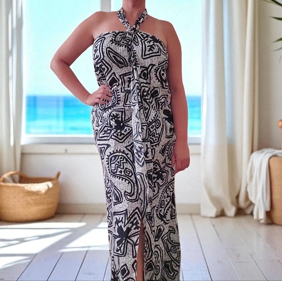 Vintage 70s HUKILAU FASHIONS Hawaiian Floral Tiki Sarong Wrap Dress Blue/Black - Picture 4 of 12